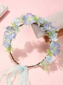 1件女孩歐美森系人造花環，仿真褶皺玫瑰花苞、繡球花、山茶花花冠，美學仙女髮飾，附可調節緞面絲帶，適合海邊出遊與拍照 - 藍色 - 查看 1
