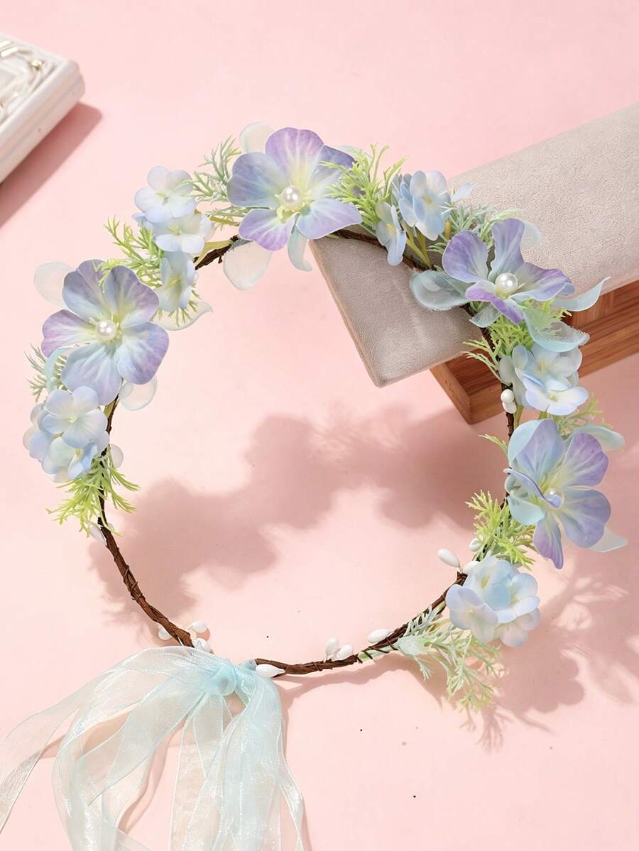 1件女孩歐美森系人造花環,仿真褶皺玫瑰花苞、繡球花、山茶花花冠,美學仙女髮飾,附可調節緞面絲帶,適合海邊出遊與拍照 - 藍色 - 查看 1
