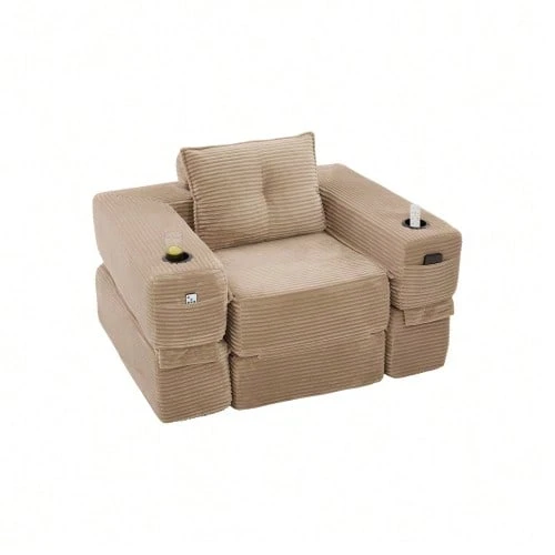 Folding Corduroy Sofa With High-Density Foam And Spring Core For Stable Seating, Side Pocket And Cup Holder, Armrest With Zip, Vacuum Packed, Easy Assembly, For Apartment And Living Room. - 卡其色 - 查看 1