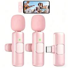 Micrófono de solapa inalámbrico profesional, compatible con teléfonos inteligentes y portátiles, micrófono de condensador omnidireccional inalámbrico para grabación, adecuado para entrevistas, podcasts de video, vlogs, grabación de video, micrófono de entrevista de video inalámbrico, podcasts, vlogs, sistema de micrófono de solapa inalámbrico con grabación de un solo clic, interfaz USB tipo C, patrón polar omnidireccional, adecuado para transmisión en vivo - Rosa - Ver 2
