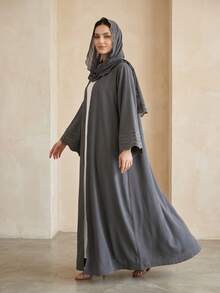 Hafizah 女款黑色長款條紋刺繡開襟外套夾克附頭巾 2件套 - 灰色 - 查看 6