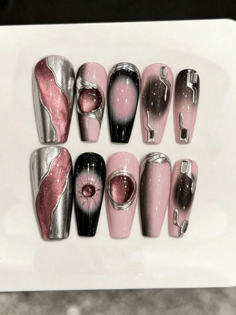 10pcs Handmade Long Coffin Shaped Press-On Nails, Exquisite Fake Nails, "Rose Galaxy" Y2K Black & Pink Glitter Cat Eye Sweet Cool Hot Girl Style Wearable Nails, Suitable For Women