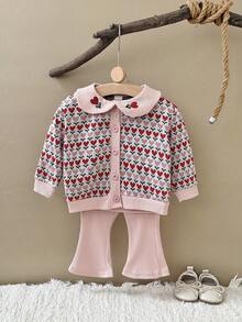 Bộ 2 món cho bé gái gồm áo cardigan tay dài cổ Peter Pan họa tiết jacquard hình trái tim và quần ống loe, trang phục thường ngày - Hồng - Xem 3