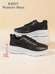 KMXY 1 Pair Breathable Mesh Lace Up Platform Walking Sneakers, Fashion Design All-Match Lightweight Casual Shoes, Four Seasons Wearable Daily Footwear - Black - View 3