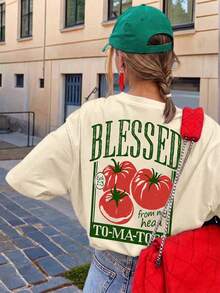 女款夏季 Blessed Tomato 口號背印寬鬆 T 恤，休閒短袖圓領上衣，日常穿著，適合度假，黃色 - 黃色 - 查看 3
