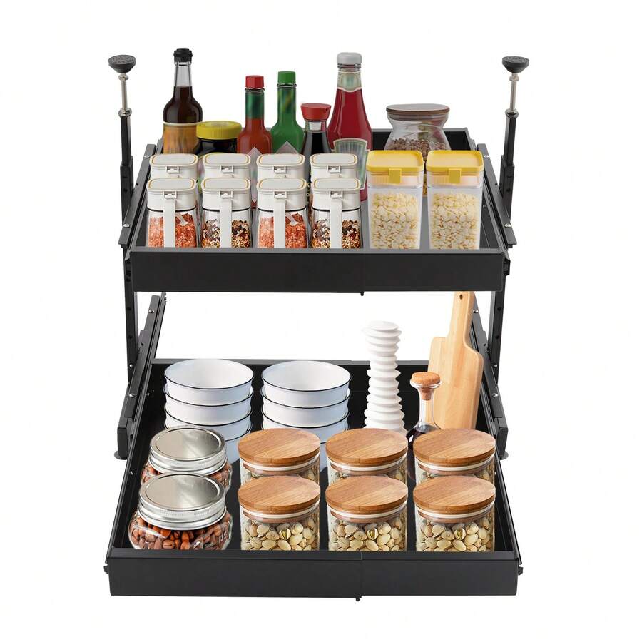 YUNRUX Expandable Pull-Out Cabinet Organizer – Carbon Steel Pull-Out Drawers For Cabinets - Black - View 1