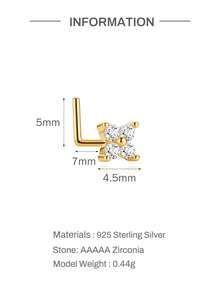 1pc 925 Sterling Silver Tiny Four-Leaf Clover CZ Zirconia Nose Stud, L-Shaped Hypoallergenic Nostril Piercing Jewelry, Unisex Minimalist Daily Wear Gift Accessory - Gold - View 8