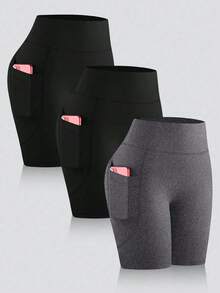3pcs/Pack Spring/Summer New Yoga Sports 4-Inch Shorts, Tummy Control Waist, Dual Side Pockets, No Embarrassing Lines, Versatile Leggings Cycling Pants, Thin Sheer Fabric, Free Fit, Comfortable, Elastic, Minimalist Yoga Pants - Multicolor - View 2