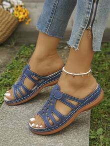 Wide Fit Plus Size Women's Summer New Wedge Heel Thick Sole Open Toe Beach Sandals Navy Blue Matte PU Floral Hollow Out Slip-On Slouchy Shoes Soft Sole Comfortable Non-Tiring Shock-Absorbing Walking Shoes European American Retro Vacation Style Outdoor Wear Plus Size Women's Shoes Casual Versatile Daily Shopping Lightweight Stable High-End Niche Design Wide Feet Inclusive Non-Slip Wear-Resistant Bohemian Fashion Street Mom Shoes Maternity Shoes - Navy Blue - View 6