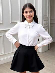 Camisa dulce de mangas abullonadas para niñas con decoración de lazo en el cuello & puños con volantes, estilo académico adecuado para la escuela o uso diario - Blanco - Ver 2
