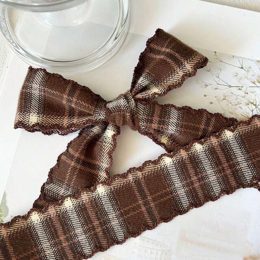 2 Yards Classic Plaid Wavy Edge Ribbon, Bouquet Decoration Satin Ribbon, Suitable For Handmade Bouquets, Gift Wrapping, Party Decor, Floral Design, Gift Ribbon, Event Decoration, Floral Ribbon - 1 Piece, Brown - View 1