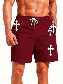 Plus Size Men's Beach Shorts, Summer Casual Vacation Loose Cross Print Design Adjustable Drawstring Shorts, Suitable For Running & Outdoor Activities - Burgundy - View 1