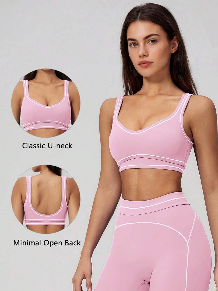 TimeOff Women's One Piece Contrast Color White Trim U-Neck Backless Sports Bra Tank Top With Removable Built-In Pads - Pink - View 1