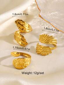 3pcs/Set Stainless Steel 18K Gold Plated Fashion Wing Feather Ring Set Suitable For Women Daily Wear, Party And Gathering - Multicolor - View 7