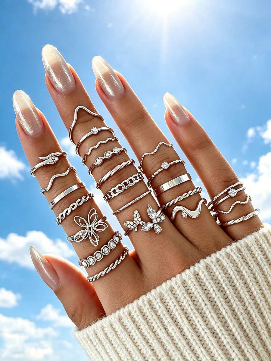 24PCS Minimalist Small Silver Tone Ring Set, Fashion Rhinestone Butterfly & Flower Stackable Rings, Ins Style Multi- Layered Ring Set For Women - Silver - View 1