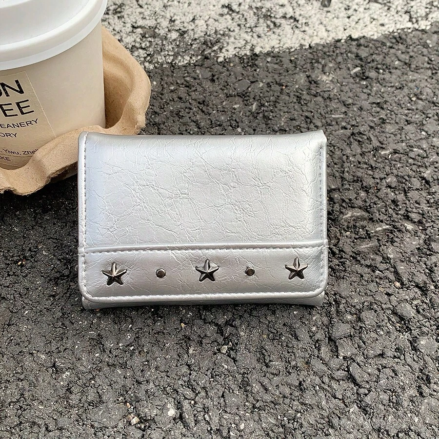 Silver Star Studded Small Trifold Wallet For Women, Large Capacity, Versatile Minimalist Wallet - Multicolor - View 1