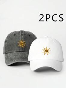 2件組刺繡太陽全季節戶外棒球帽，復古水洗中性卡車帽，透氣可調式高爾夫遮陽帽，女款夏季時尚彎帽簷遮陽帽，男款Y2K情侶防曬帽 - 黑色+白色 - 查看 4