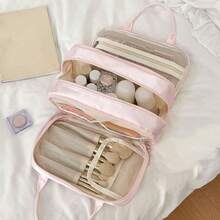 Tas Kosmetik Genggam 3 Lapis Nilon dengan Kompartemen Pita Merah Muda, Tas Penyimpanan Perlengkapan Mandi, Organizer Perjalanan Portabel - Baby Pink - View 3