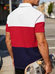 Camisa polo de manga corta con cremallera delantera, diseño minimalista, bloques de color, estampado digital, adecuada para uso diario y viajes, primavera/verano - Multicolor - Ver 2