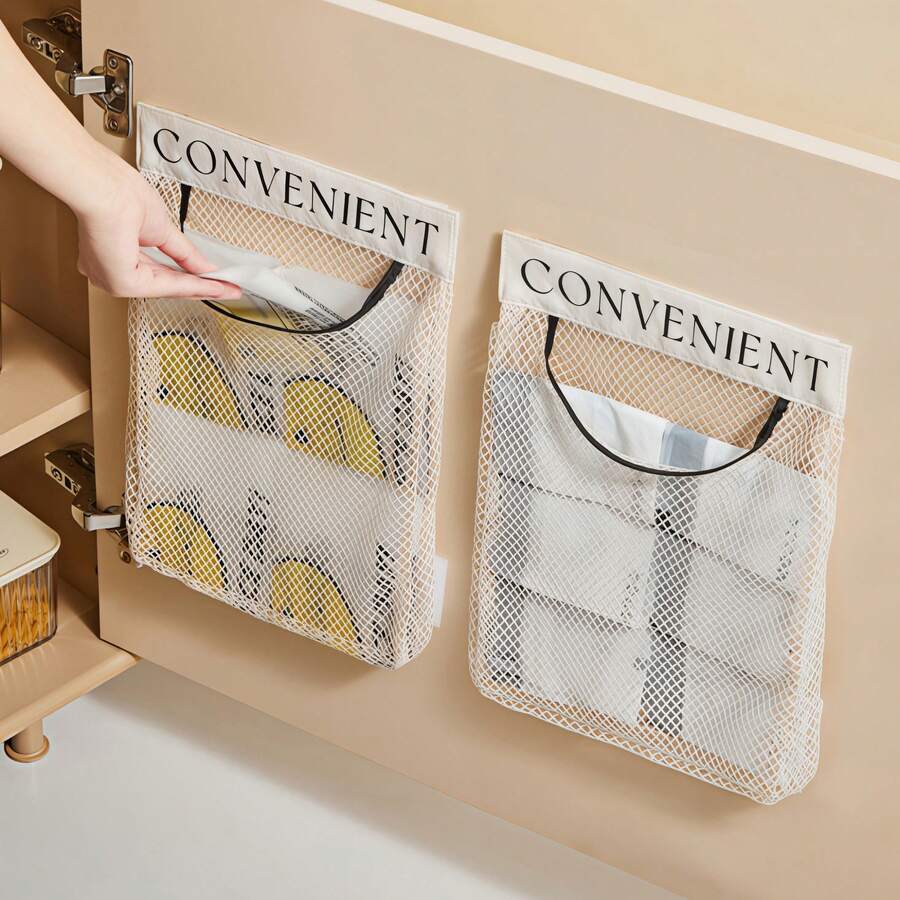 1/2Pcs Wall Mounted Mesh Hanging Storage Bag, Cream White Polyester Organizer With CONVENIENT Print Trim For Kitchen, Bathroom, Dorm Small Items Sorting. Kitchen Essentials, Home Decor, Bathroom Accessories, Kitchen Decor, Kitchen Organizers.