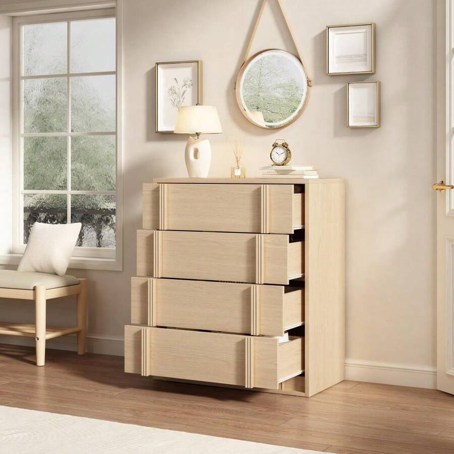 Modern Vertical Handle Bedside Table – 3/4/5 Drawers Wooden Bedside Cabinet – Space-Saving Storage for Bedroom, Living Room, Entryway – Natural Oak - Naturfarben, 4 Schubladen - Übersicht 1