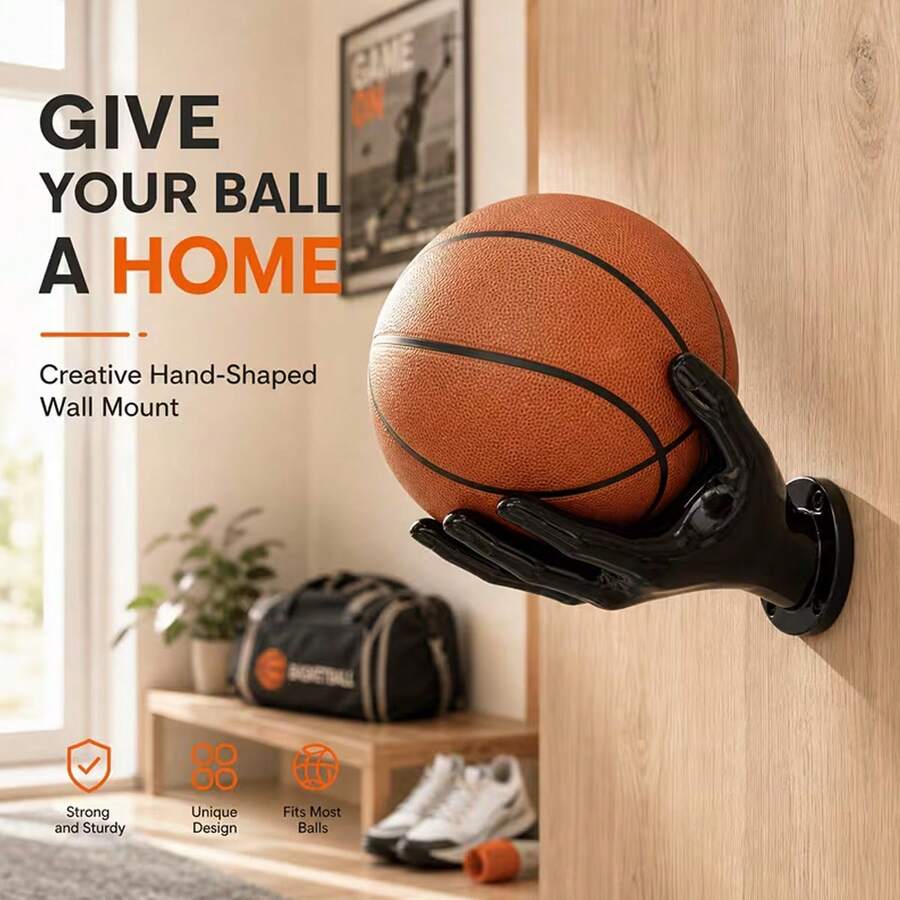 1Pc Hand-Shaped Wall Mounted Ball Holder, Creative Sports Ball Storage & Display Rack For Basketball, Soccer, Volleyball And Football, Space-Saving Organizer For Bedroom, Garage, Gym & Game Room - Multicolor - View 1