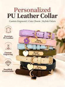 Lightweight PU Litchi Grain Soft Leather Customized Dog & Cat Collar, Sweet & Cute, Engraved Nameplate - Multicolor - View 1