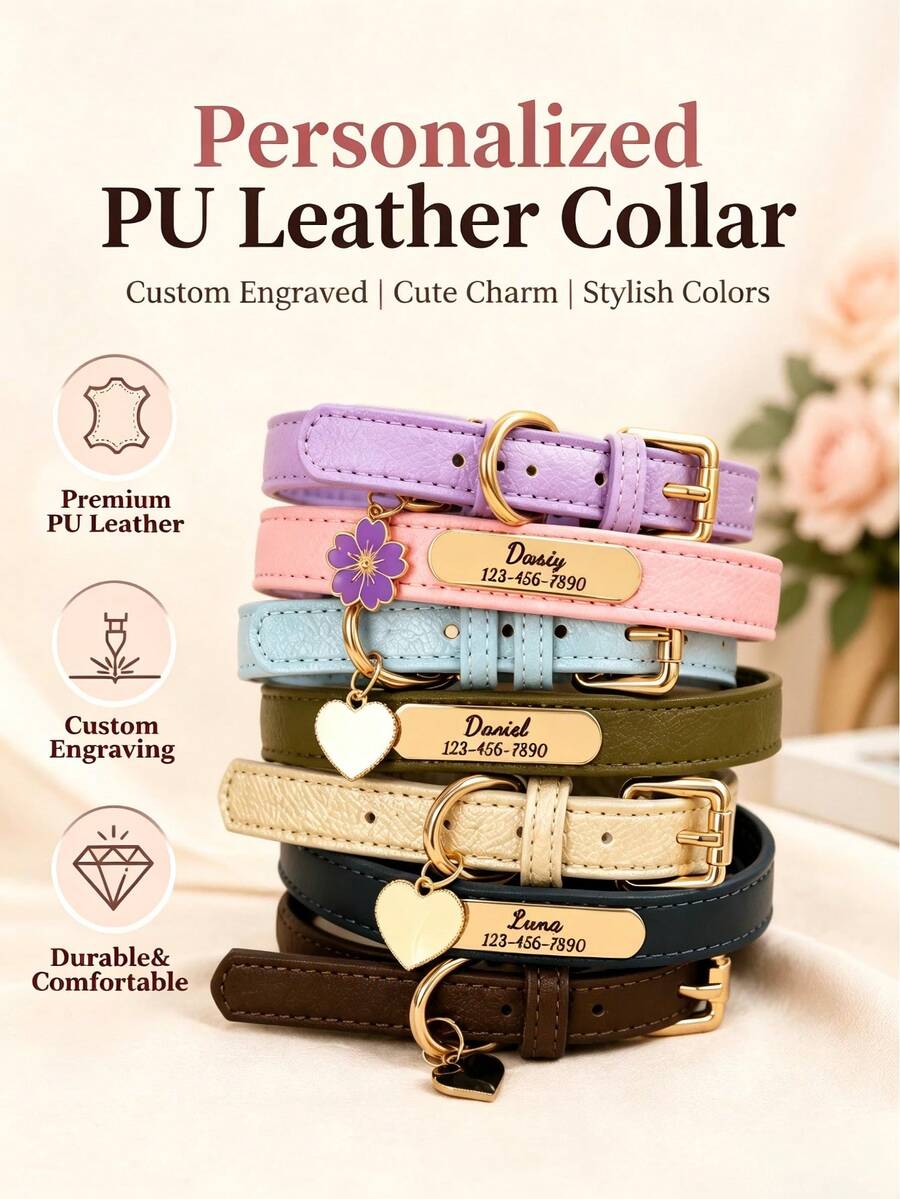 Lightweight PU Litchi Grain Soft Leather Customized Dog & Cat Collar, Sweet & Cute, Engraved Nameplate - Multicolor - View 1