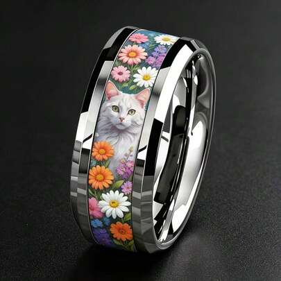 Cute Cat Flower 304 Stainless Steel Ring, Cat Themed Jewelry, Ideal Gift For Cat Lovers & Teen Girls