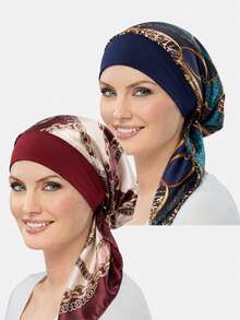 2件組女款彈性寬邊仿絲綢緞帶頭巾帽，可綁帶式頭巾髮飾帽，適合日常使用 - 藏青鏈條/酒紅鏈條 - 查看 4