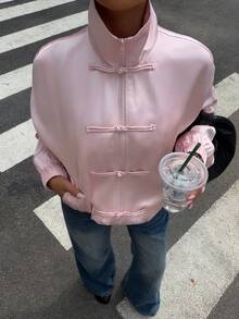 Elegant Casual Satin Frog Button Loose Daily Commute Date Multi-Occasion Suitable Women's Jacket Pink - Pink - View 5