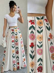 Falda pantalón elegante con estampado para mujer, adecuada para salidas, vacaciones y viajes en primavera y verano - Multicolor 3 - Ver 1