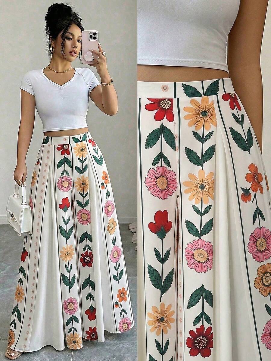 Falda pantalón elegante con estampado para mujer, adecuada para salidas, vacaciones y viajes en primavera y verano - Multicolor 3 - Ver 1