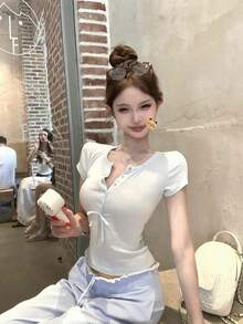性感修身V領蝴蝶結清新短袖T恤夏季女上衣 - 藍色 - 查看 5