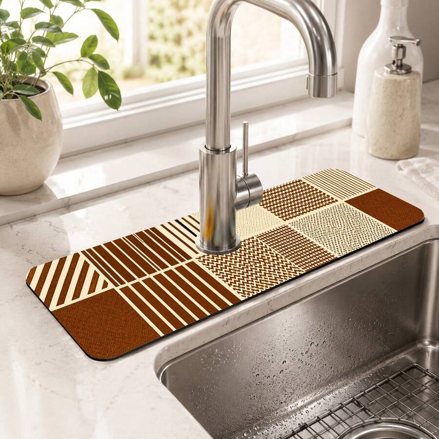 1pc Plaid Pattern Non-Slip Diatomaceous Earth Faucet Drain Mat, Quick-Drying Absorbent Sink Splash Guard, Rubber Base, Suitable For Kitchen/Bathroom Faucet - Multicolor - View 1