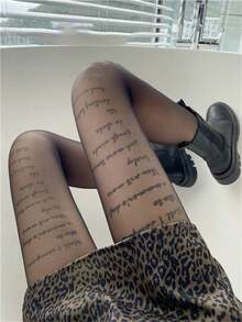 New Letter Print Tights, Fashionable Sexy Black Stockings - Black - View 2