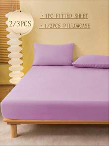 2/3pcs Solid Light Purple Fitted Sheet Set (1 Fitted Sheet + 2 Pillowcases), Mattress Protector, Mattress Cover, Bed Sheet Set, Soft And Breathable, Suitable For - Twin, Full, Queen, King, Fitted Sheet Depth Up To 11.8 Inches, Dorm Bedding, Back To School - Lilac Purple - View 2