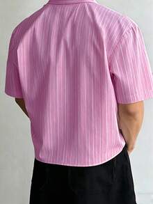 WAIT HIM Men's Vintage Vertical Striped Short Sleeve Shirt, Lightweight Breathable Loose Fit Button-Up Shirt For Spring And Summer, Casual Silhouette Shirt - Watermelon Pink - View 2