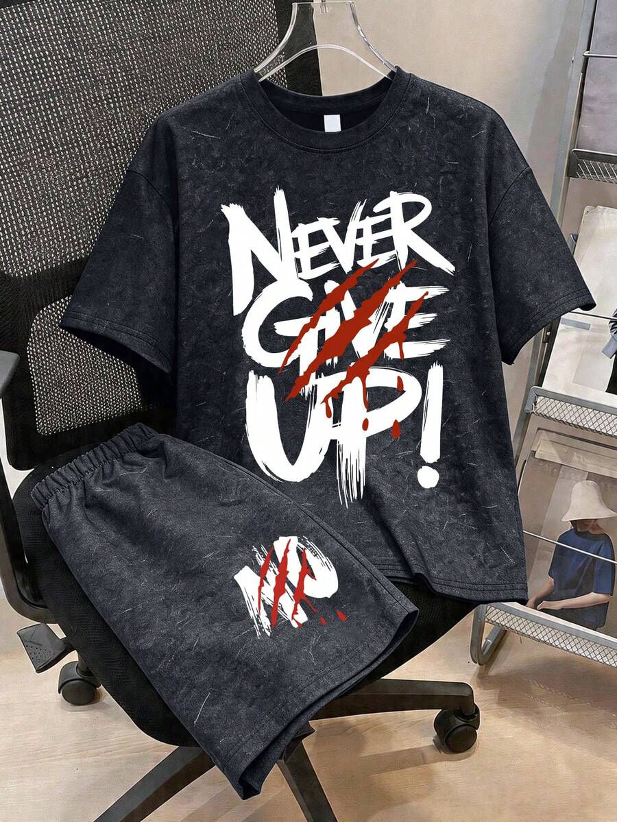 2pcs Set: Round Neck Short Sleeve T-Shirt With Simple English Print + 1 Pair Of Minimalist Casual Shorts, New Summer Comfortable Outfit - Black - View 1