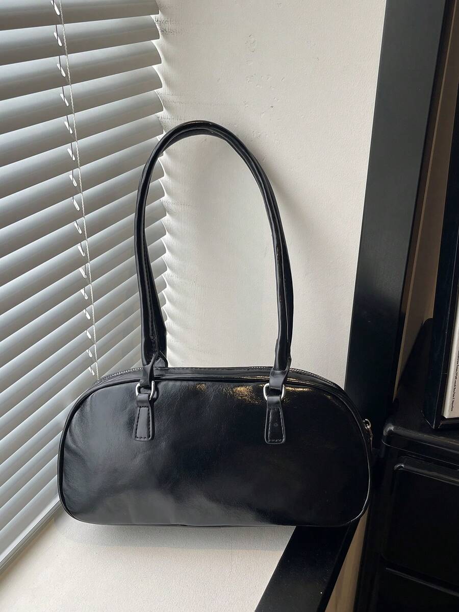 1 pieza Bolso de mano negro de PU liso con cierre de hebilla anular, versátil, casual, de unicolor, minimalista, nuevo de nicho para verano, adecuado para uso diario de mujeres - Negro - Ver 1