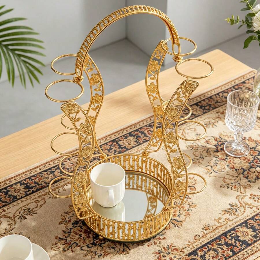 Luxury Gold Floral Lace Cup Holder With Bamboo Base Tray, 10-Cup Metal Tea Glass Stand, Decorative Curved Floral Mug Rack For Home Kitchen, Coffee Bar & Dining Table - View 1