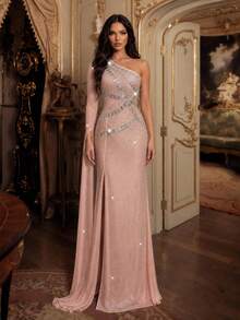 New Elegant Single Shoulder Long Sleeved Rhinestone Design With Height Cut To Thigh Long Dress For Parties, Festivals, Formal Banquets Dress - Khaki - View 5