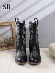 1 Pair Low Chunky Heel Embroidered Side Zipper Kids' Texas Boots, Fashion Versatile Retro Girls' Boots, Suitable For Daily Wear, Outdoor Vacation - Black - View 5