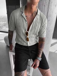 YONGC Spring/Summer New Men's Fashion Short Sleeve Knit Cardigan, Simple Solid Color Hollow Out Casual , Summer Vacation, Relaxed Style - Grey - View 4