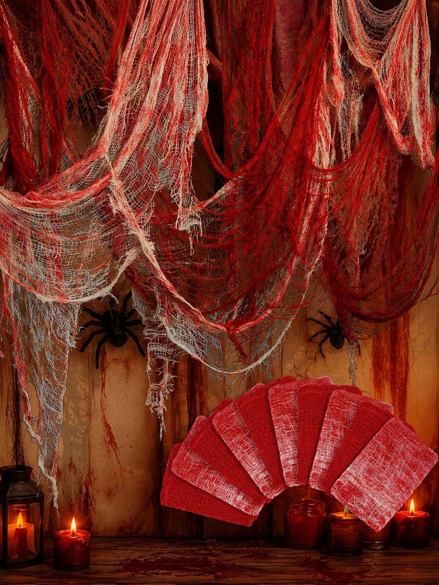 72*30 Zoll rote blutige Halloween-Horror-Gaze-Dekoration, unheimlicher Stoff-Hängeornament, geeignet für Veranda-Hängedekoration, Horror-Themenparty-Zubehör, Spukhaus-Szenenaufbau, Horror-Zirkus-Hintergrund, Außenbereich-Gartenlandschaft, Halloween-Party-Atmosphären-Dekoration - mehrfarbig - Übersicht 1