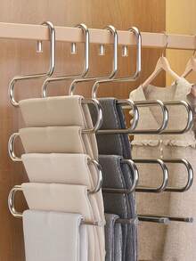 Percha para pantalones en forma de S, estante de almacenamiento multicapa para armario, antideslizante y ahorra espacio, adecuado para pantalones, vaqueros, etc., percha multifuncional, estante de almacenamiento para armario, esencial para la vuelta al cole - Plateado - Ver 1