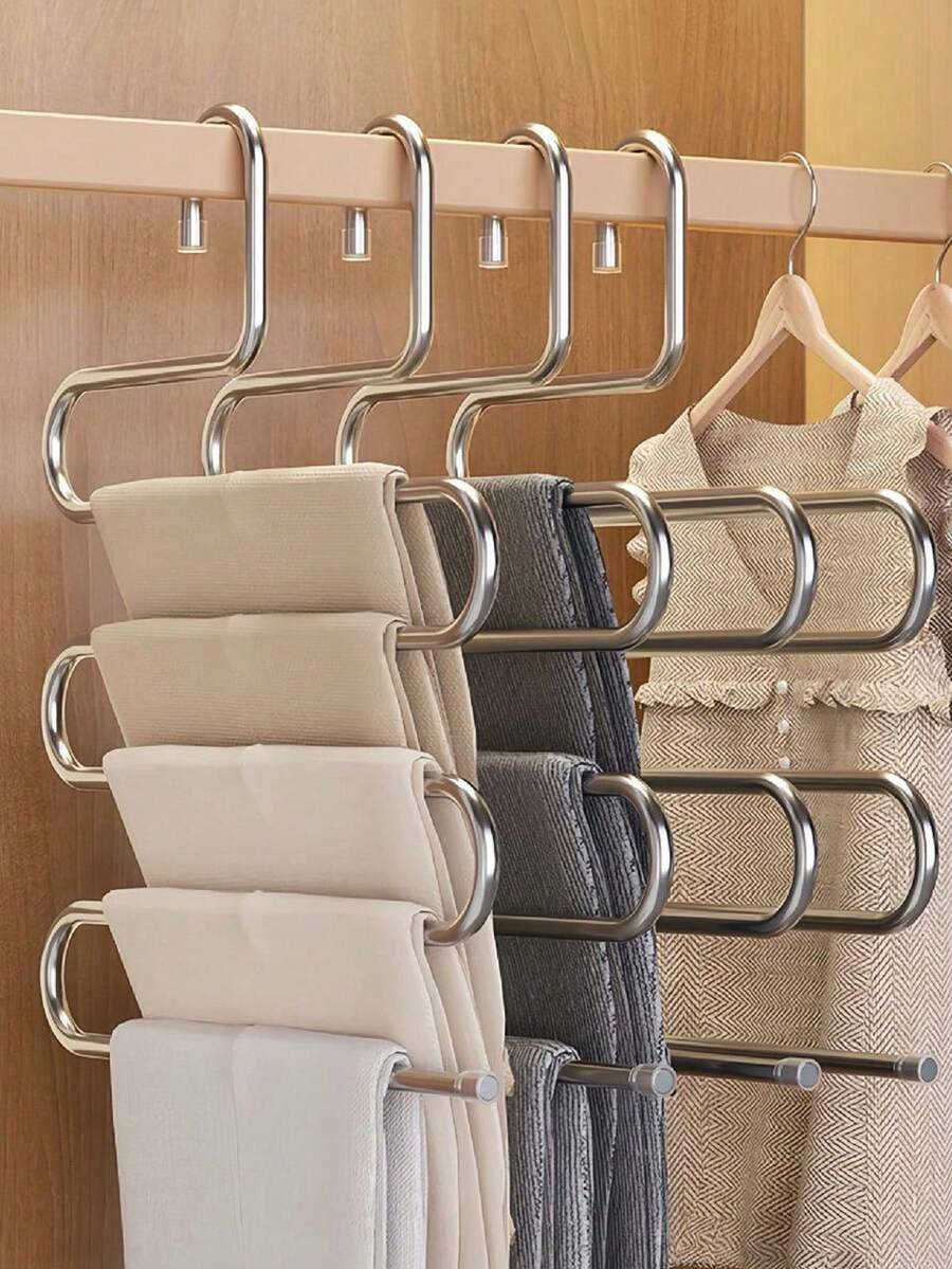 Percha para pantalones en forma de S, estante de almacenamiento multicapa para armario, antideslizante y ahorra espacio, adecuado para pantalones, vaqueros, etc., percha multifuncional, estante de almacenamiento para armario, esencial para la vuelta al cole - Plateado - Ver 1