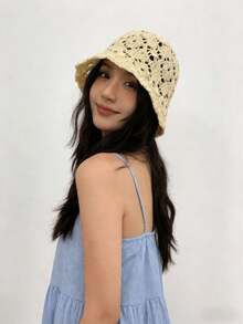 1pc Bohemian Style Crochet Bucket Hat, Hollow Lace Knit, Lightweight Breathable Foldable Sun Hat, Summer Beach Hat, Suitable For Women Girls, Travel Holiday Casual - A - View 4