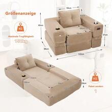 Folding Corduroy Sofa With High-Density Foam And Spring Core For Stable Seating, Side Pocket And Cup Holder, Armrest With Zip, Vacuum Packed, Easy Assembly, For Apartment And Living Room. - 卡其色 - 查看 3