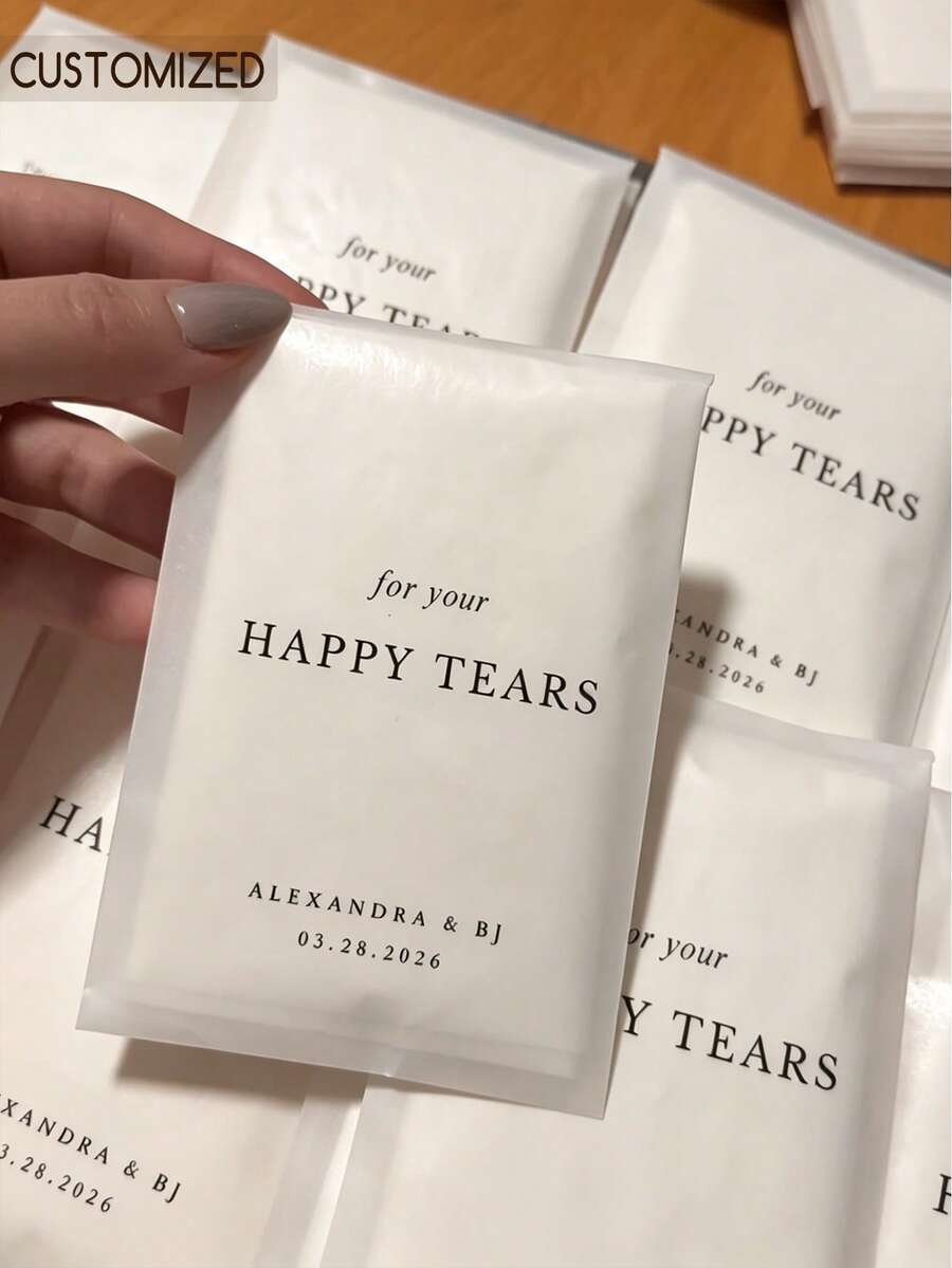 客製化文字 Happy Tears 婚禮面紙袋，自封式白色迷你小袋，婚禮儀式賓客伴手禮與新娘婚前派對伴手禮
